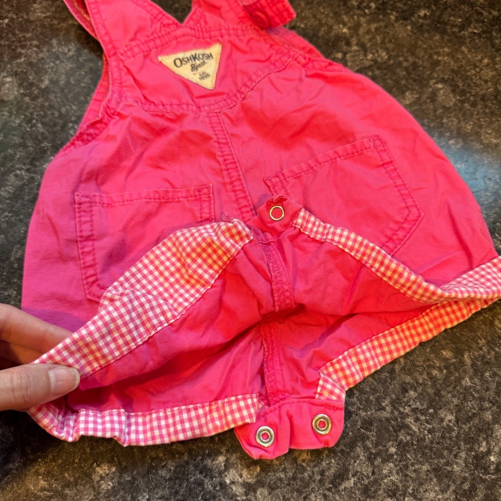 OshKosh Bgosh Pink Gingham Trim Cotton Shortalls 18 Months - Picture 4 of 8